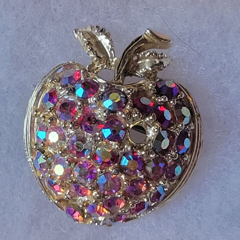 Vintage Gold-Tone Apple Brooch With Colorful Rhinestones